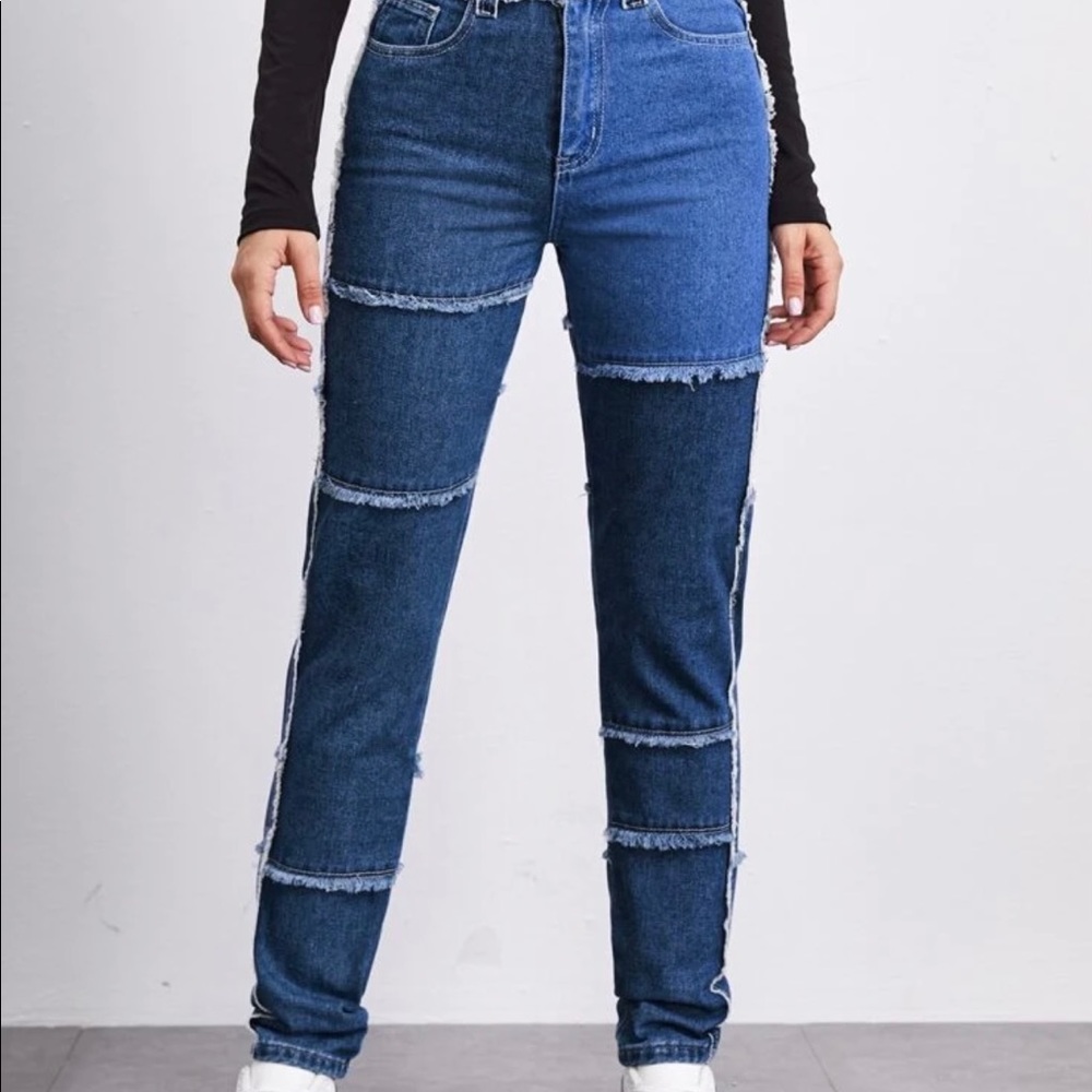 Cut and sew frayed trim jeans